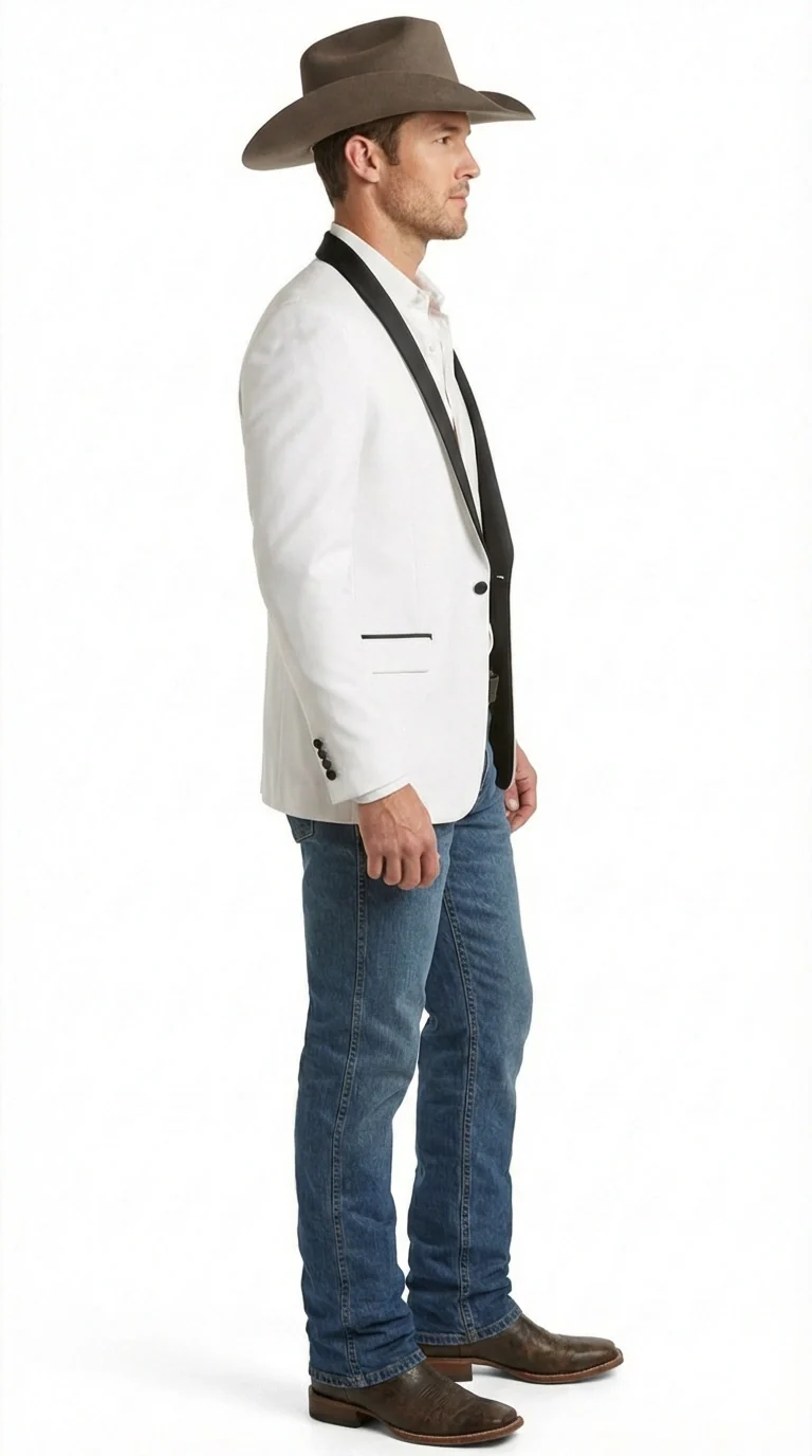 Men’s White Cowboy Blazer with Black Satin Lapel – Western Formal Tuxedo Style Jacket - Image 4