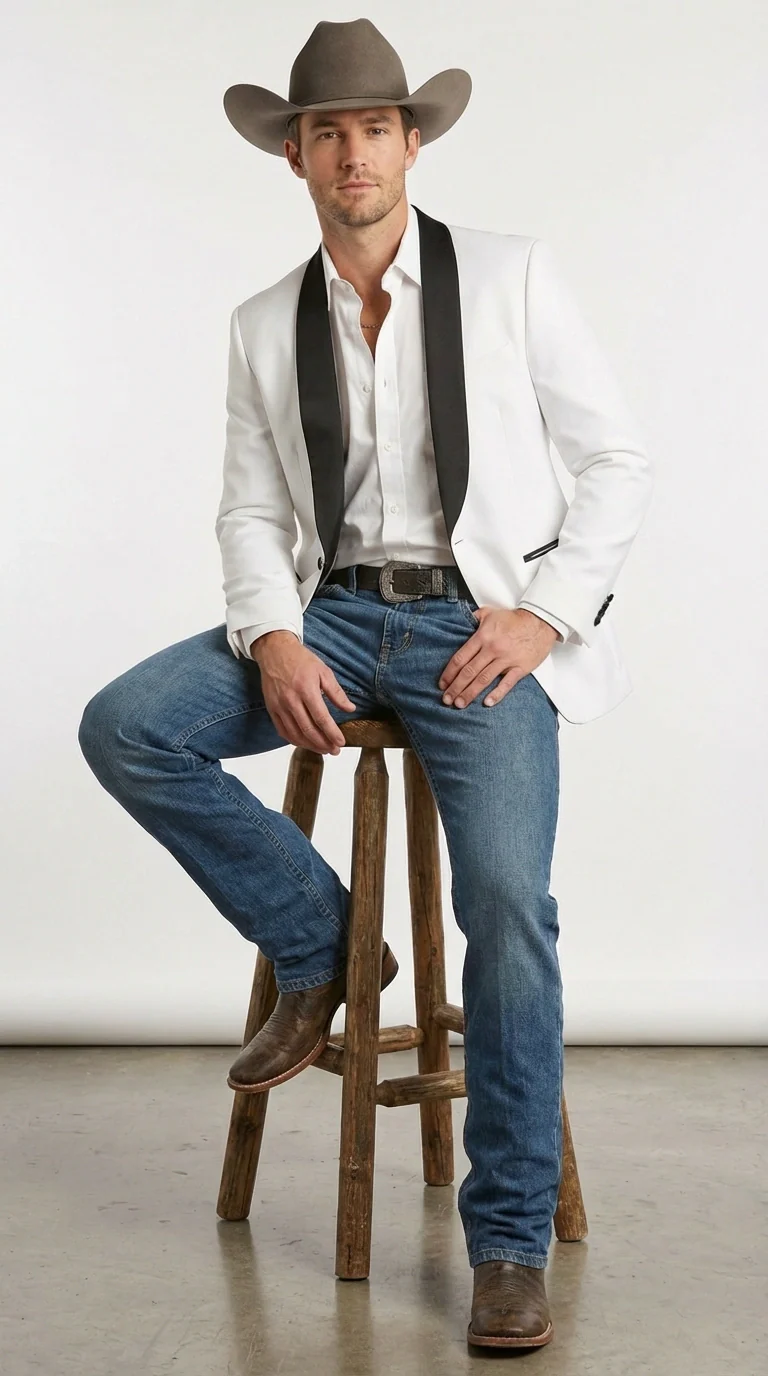 Men’s White Cowboy Blazer with Black Satin Lapel – Western Formal Tuxedo Style Jacket - Image 5