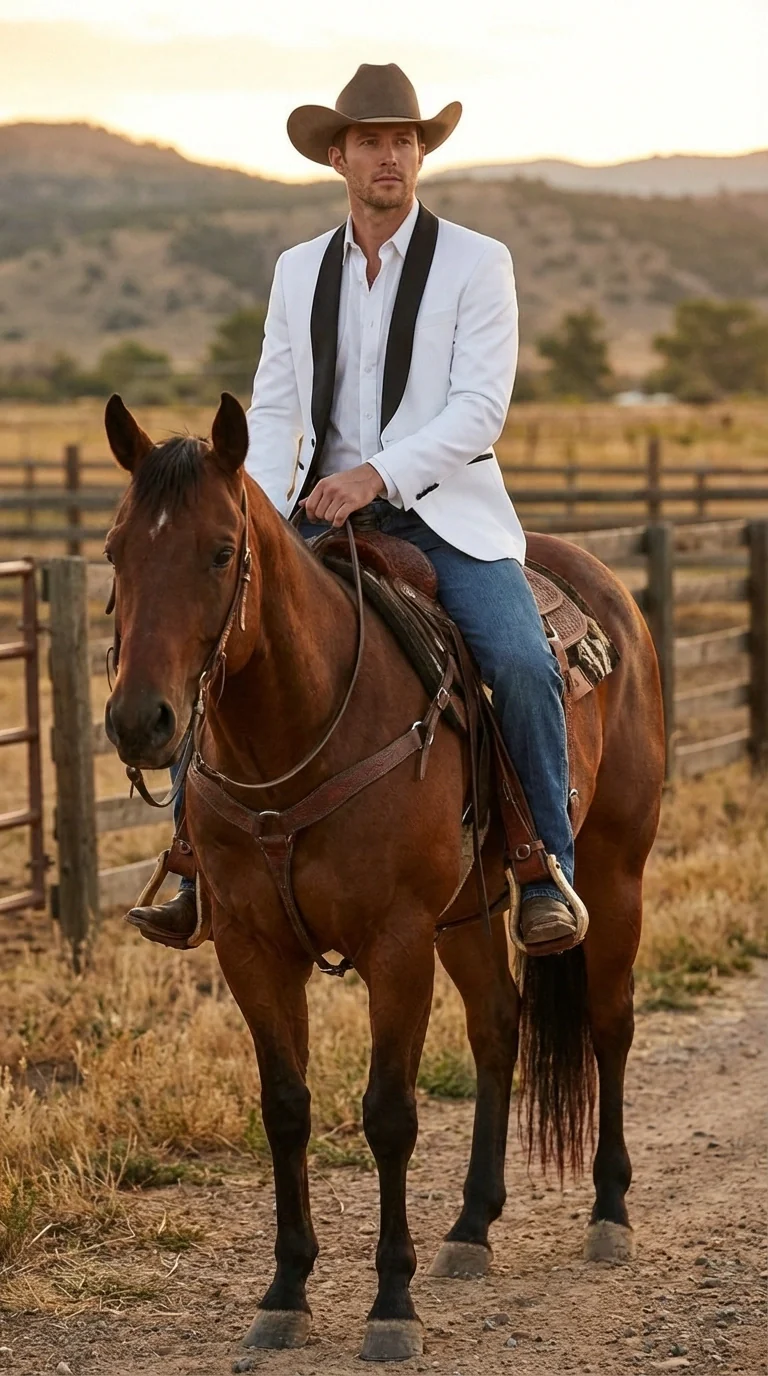 Men’s White Cowboy Blazer with Black Satin Lapel – Western Formal Tuxedo Style Jacket - Image 6