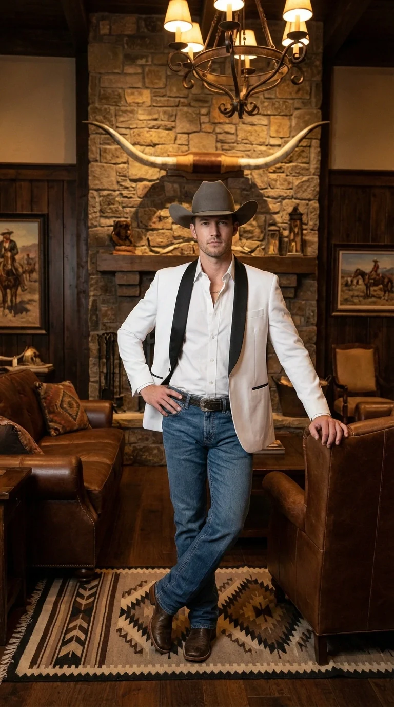 Men’s White Cowboy Blazer with Black Satin Lapel – Western Formal Tuxedo Style Jacket - Image 7