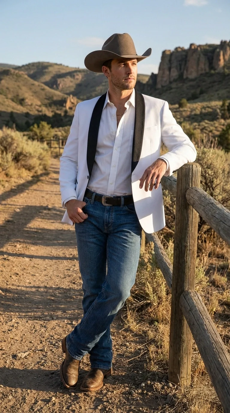 Men’s White Cowboy Blazer with Black Satin Lapel – Western Formal Tuxedo Style Jacket - Image 9