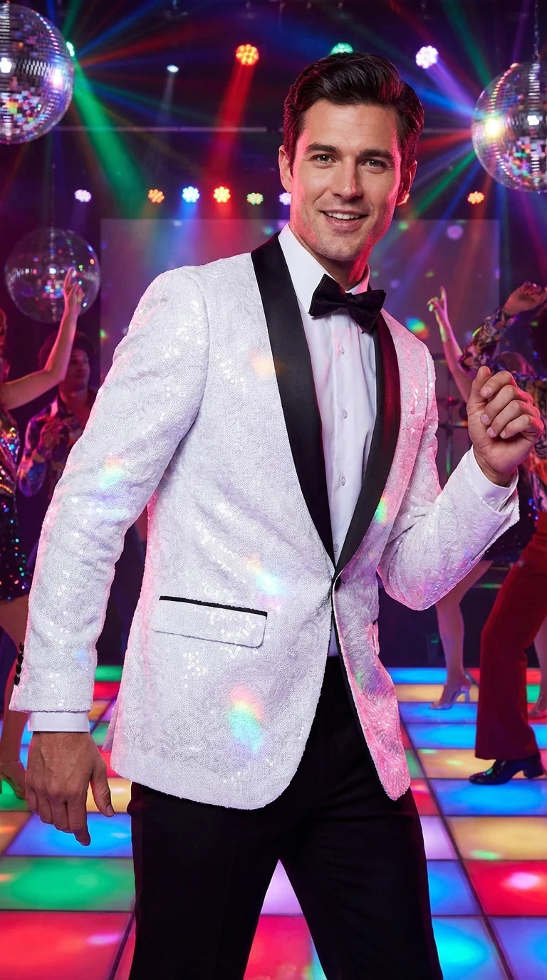 Men’s White Dinner Jacket Disco Blazer 1980s Sequin Style Jacket – Black Lapel Party Blazer, Formal Masquerade Club Wear Paisley Fabric + Bowtie - Image 2