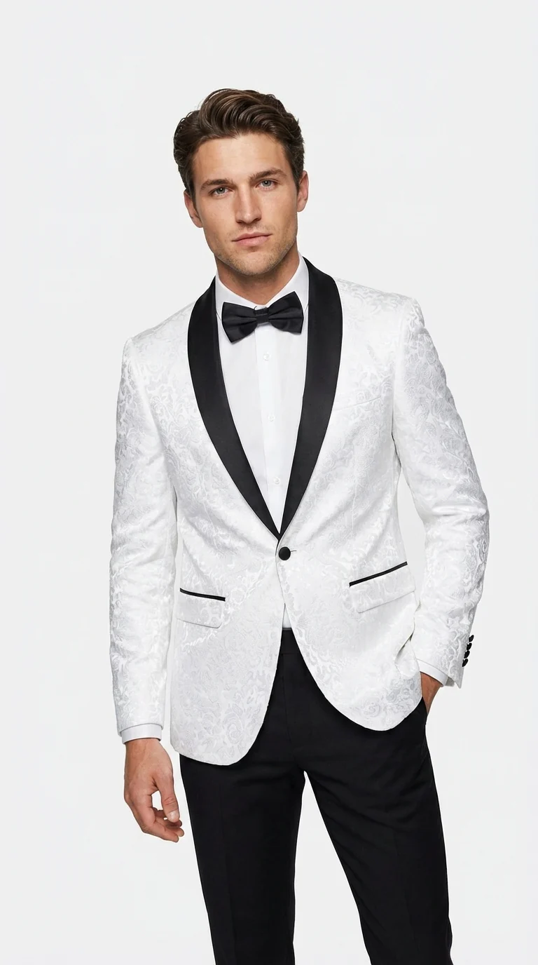 Men’s White Dinner Jacket Disco Blazer 1980s Sequin Style Jacket – Black Lapel Party Blazer, Formal Masquerade Club Wear Paisley Fabric + Bowtie - Image 3