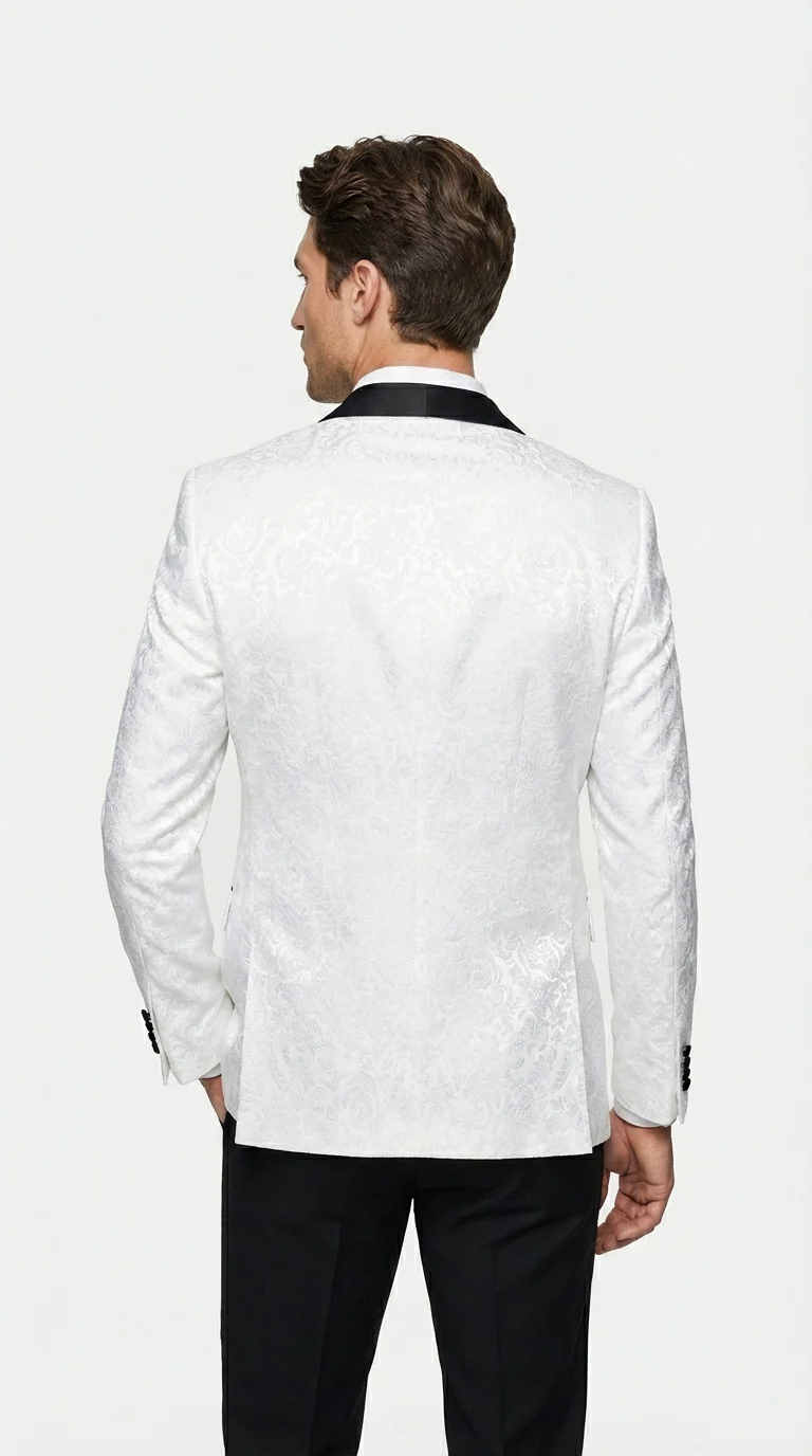 Men’s White Dinner Jacket Disco Blazer 1980s Sequin Style Jacket – Black Lapel Party Blazer, Formal Masquerade Club Wear Paisley Fabric + Bowtie - Image 4