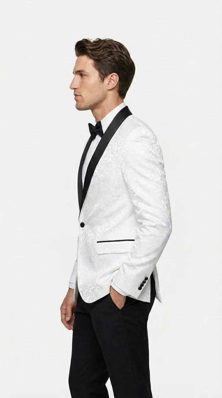 Men’s White Dinner Jacket Disco Blazer 1980s Sequin Style Jacket – Black Lapel Party Blazer, Formal Masquerade Club Wear Paisley Fabric + Bowtie - Image 5