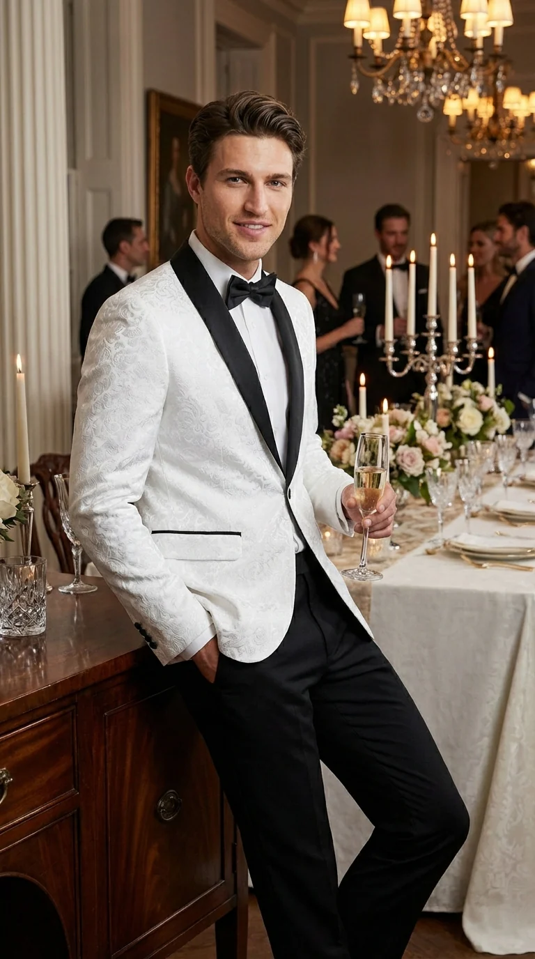Men’s White Dinner Jacket Disco Blazer 1980s Sequin Style Jacket – Black Lapel Party Blazer, Formal Masquerade Club Wear Paisley Fabric + Bowtie - Image 7