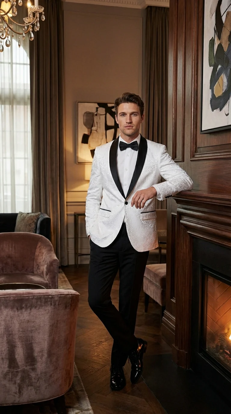Men’s White Dinner Jacket Disco Blazer 1980s Sequin Style Jacket – Black Lapel Party Blazer, Formal Masquerade Club Wear Paisley Fabric + Bowtie - Image 8