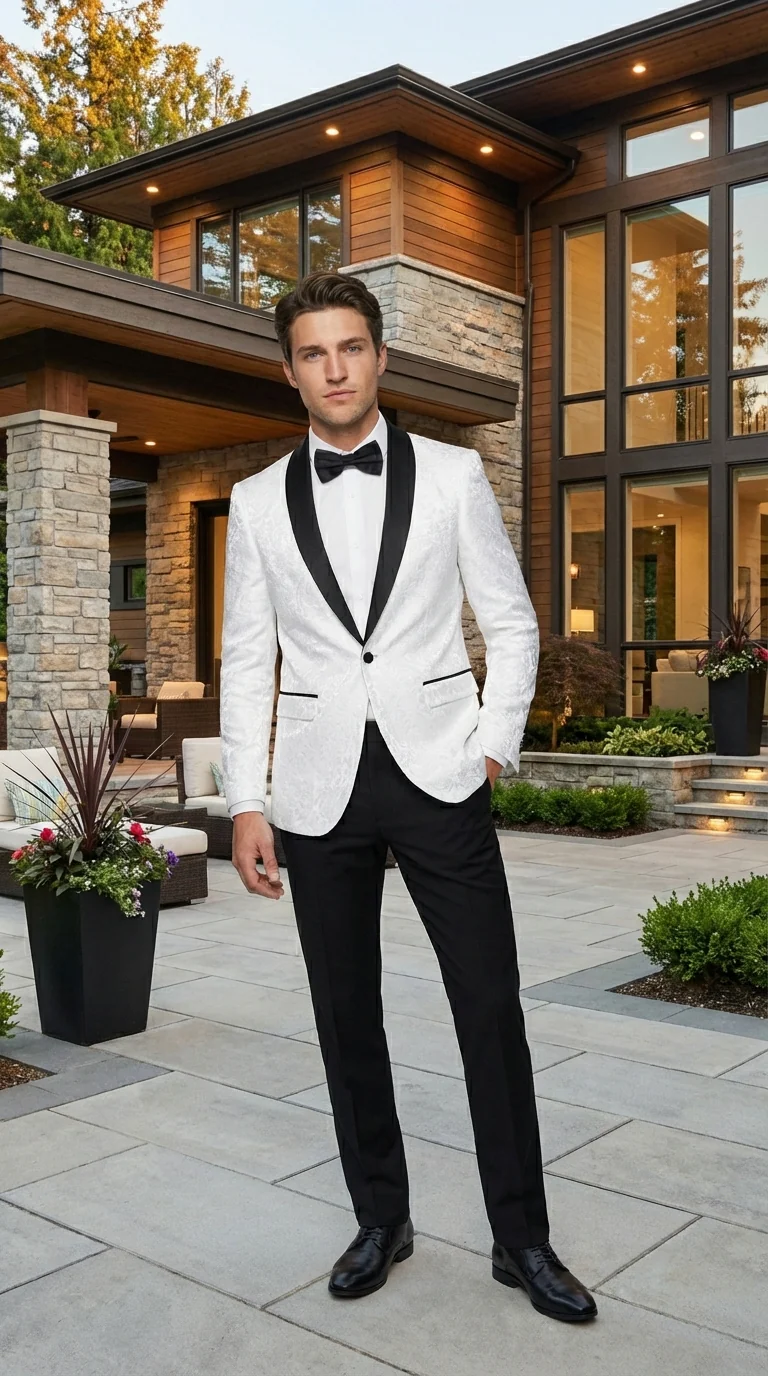 Men’s White Dinner Jacket Disco Blazer 1980s Sequin Style Jacket – Black Lapel Party Blazer, Formal Masquerade Club Wear Paisley Fabric + Bowtie - Image 9