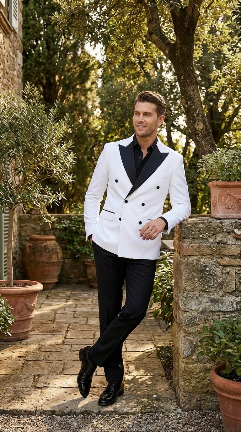 Men’s White Double Breasted Blazer Tuxedo Dinner Jacket with Black Satin Lapel White and Black Color - Image 10