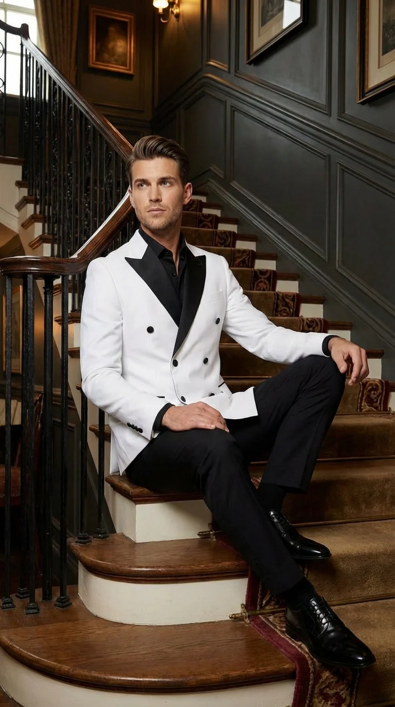 Men’s White Double Breasted Blazer Tuxedo Dinner Jacket with Black Satin Lapel White and Black Color - Image 8