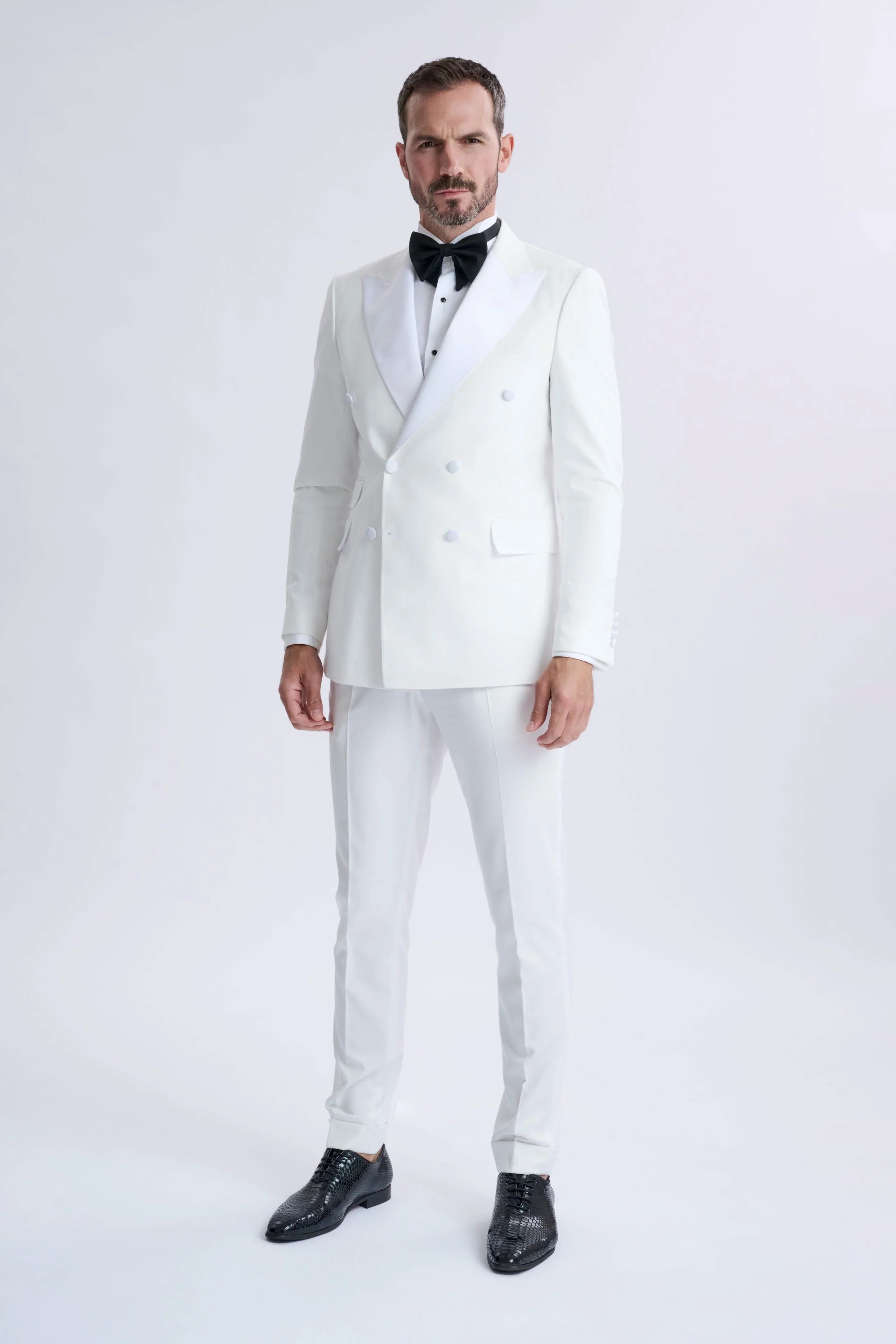Men’s White Double Breasted Dinner Jacket Blazer with Black Pants – Formal Tuxedo Style Outfit for Weddings - Image 10