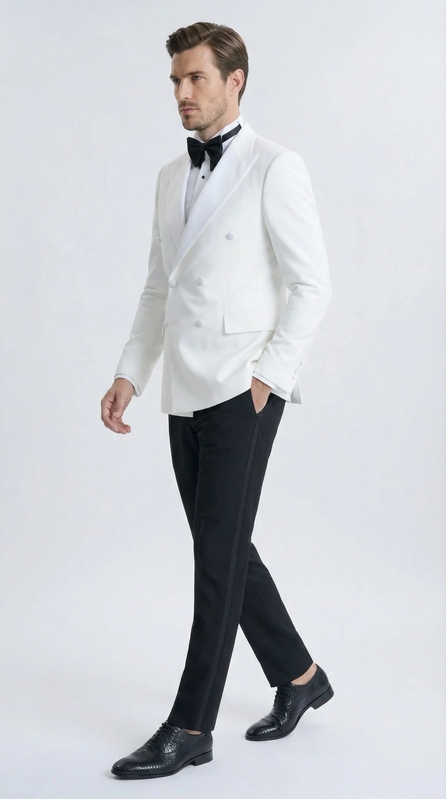 Men’s White Double Breasted Dinner Jacket Blazer with Black Pants – Formal Tuxedo Style Outfit for Weddings - Image 3
