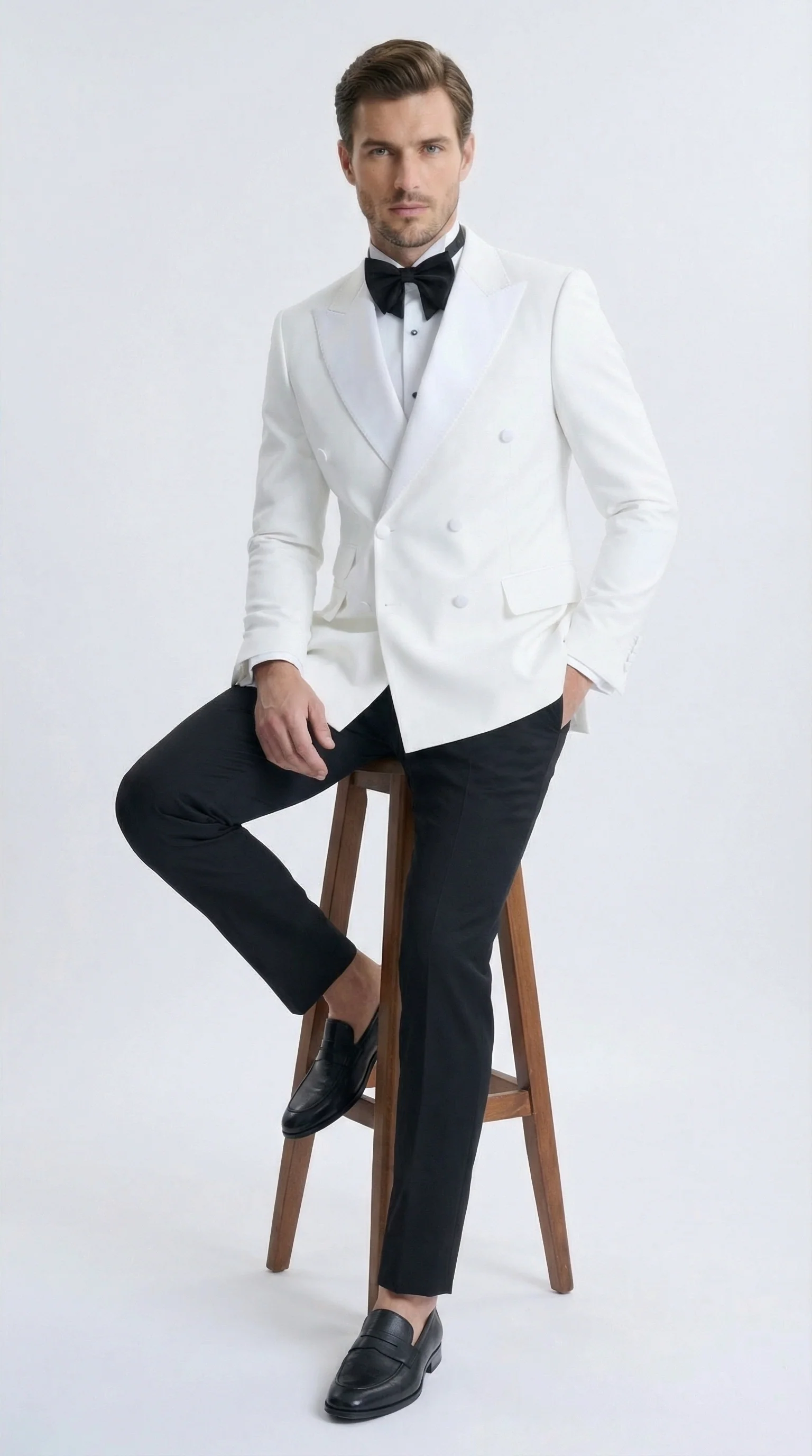 Men’s White Double Breasted Dinner Jacket Blazer with Black Pants – Formal Tuxedo Style Outfit for Weddings - Image 4