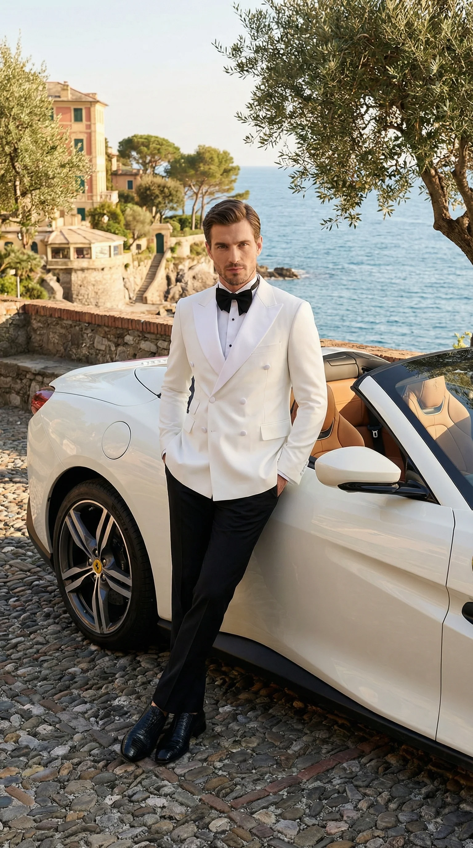 Men’s White Double Breasted Dinner Jacket Blazer with Black Pants – Formal Tuxedo Style Outfit for Weddings - Image 9