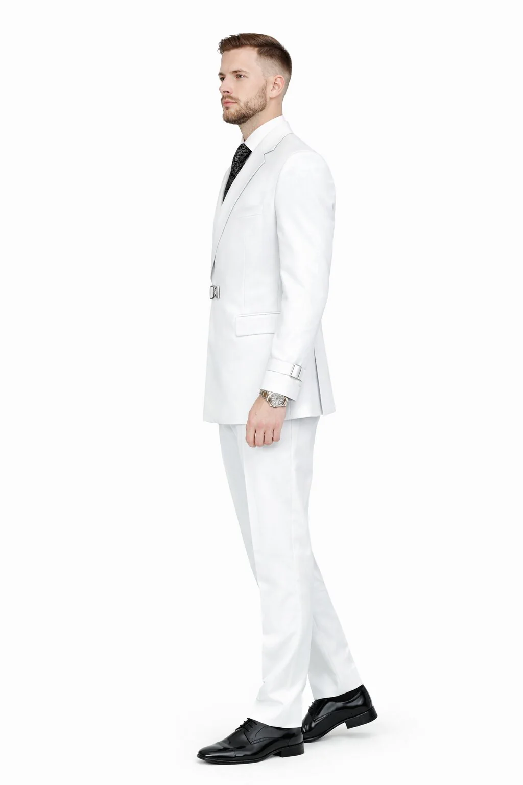 Men’s White Double Breasted Wool Suit with Designer Tailored Formal Set Metal Buckle Closure - Image 3