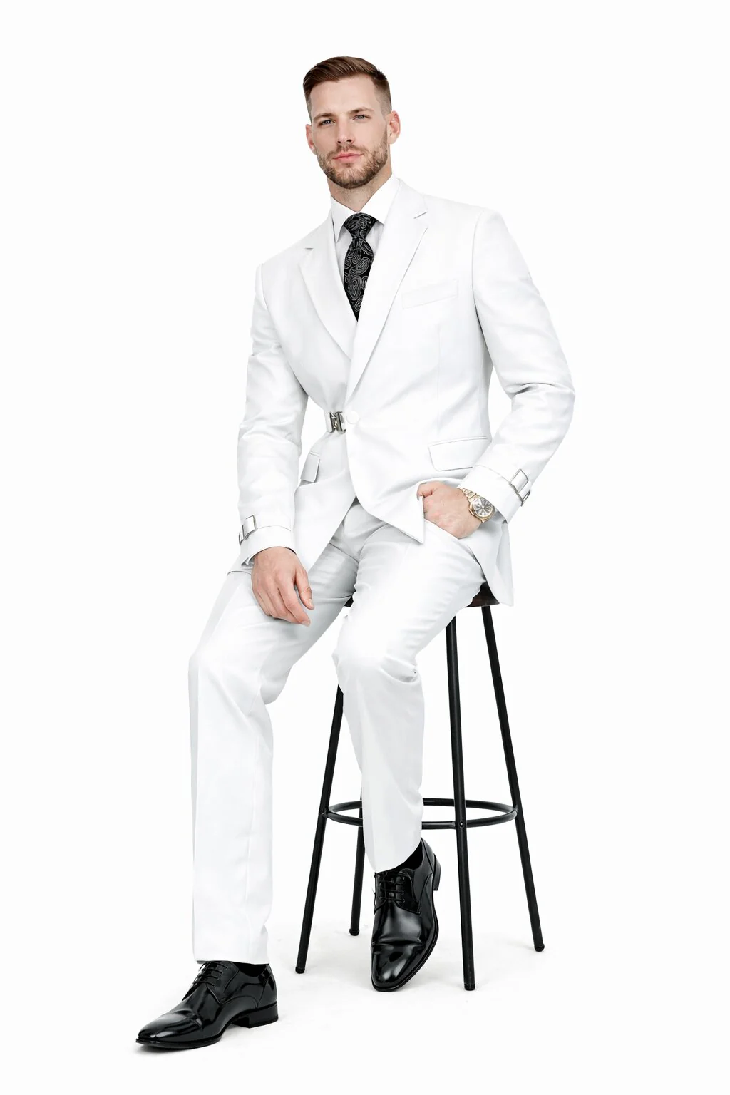Men’s White Double Breasted Wool Suit with Designer Tailored Formal Set Metal Buckle Closure - Image 4