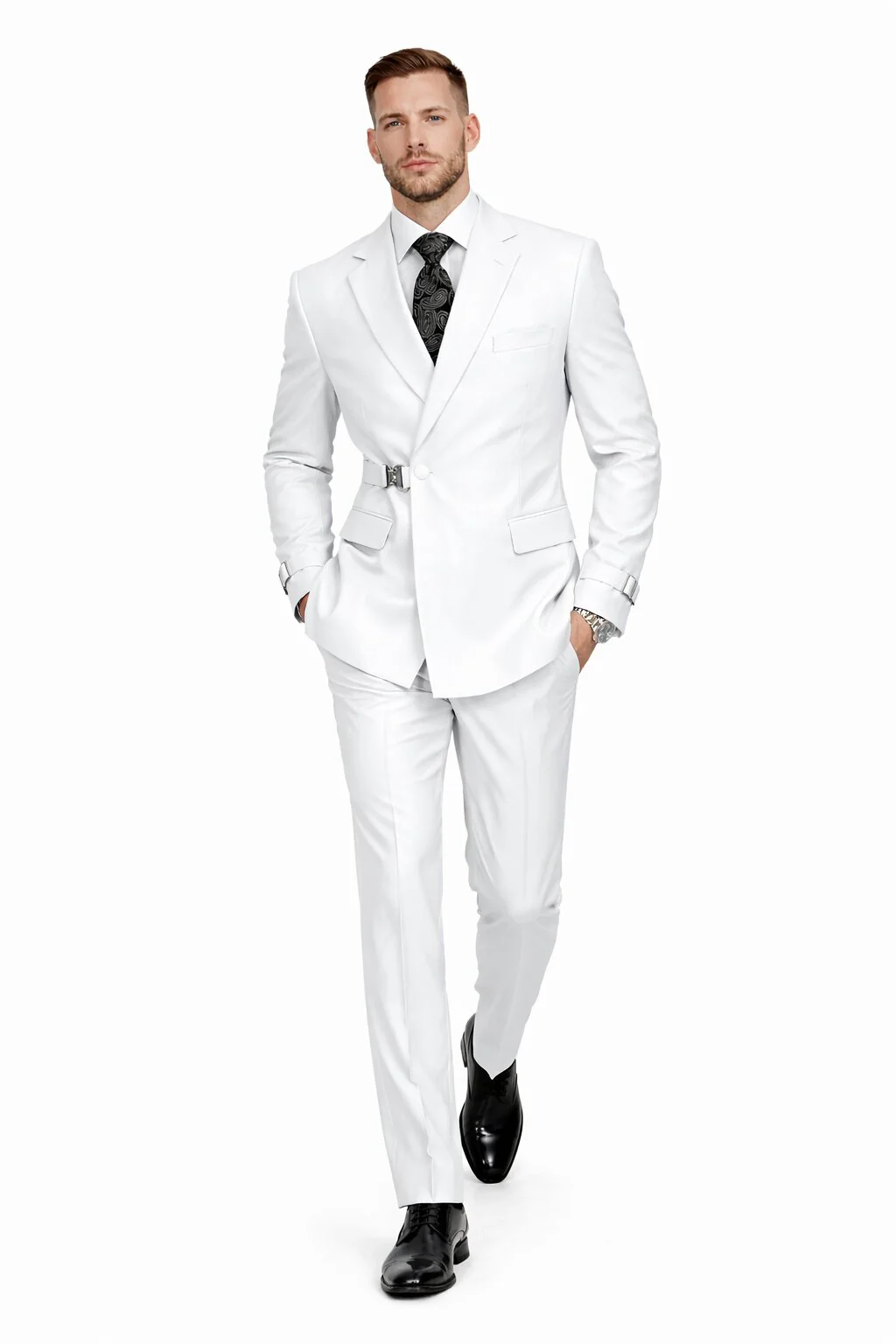 Men’s White Double Breasted Wool Suit with Designer Tailored Formal Set Metal Buckle Closure - Image 5