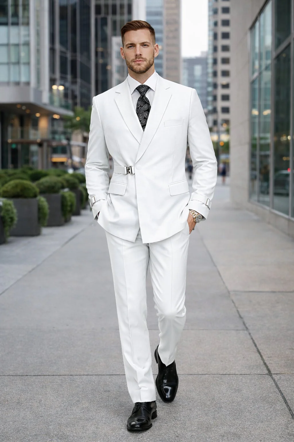 Men’s White Double Breasted Wool Suit with Designer Tailored Formal Set Metal Buckle Closure - Image 7