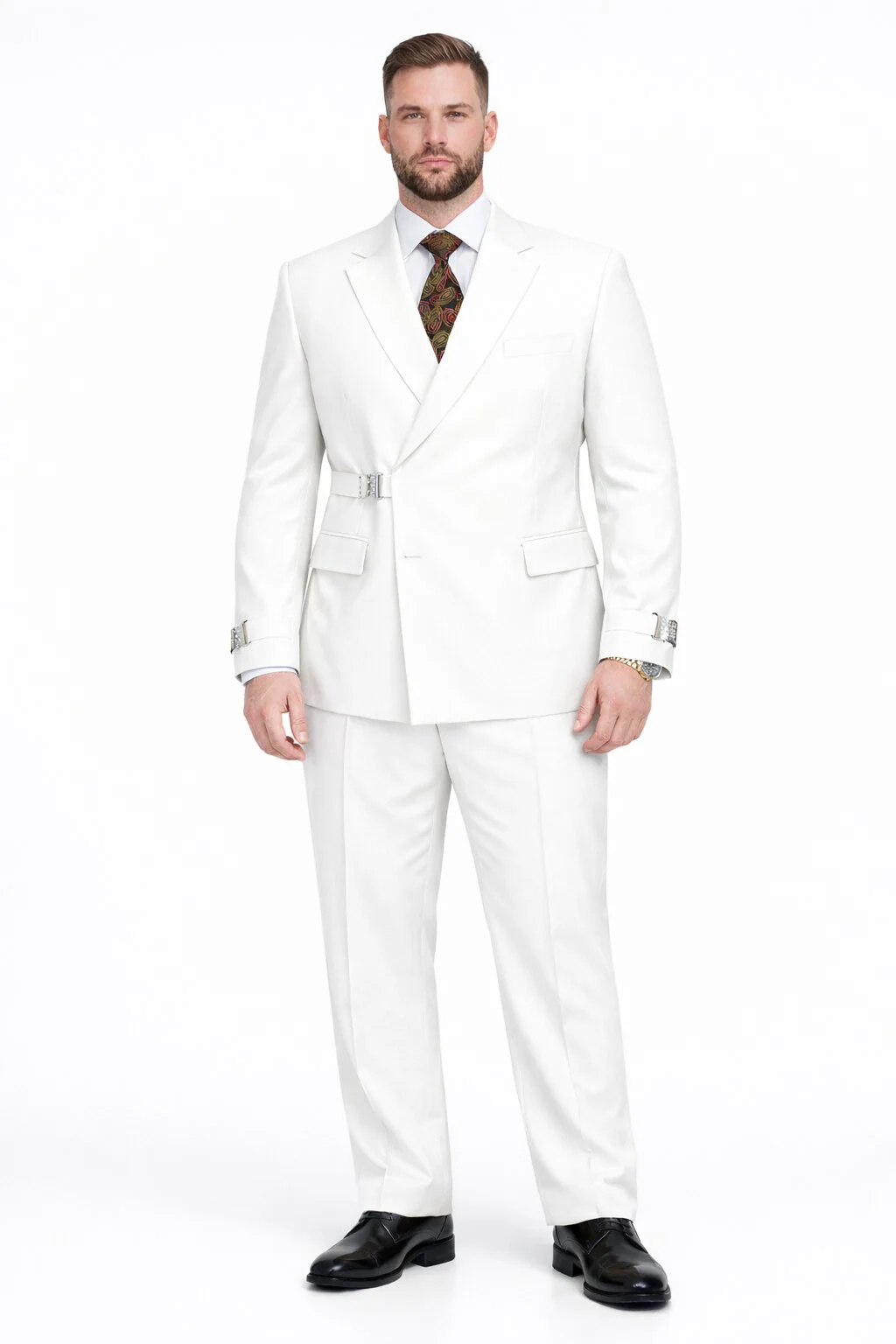 Men’s White Double Breasted Wool Suit with Designer Tailored Formal Set Metal Buckle Closure - Image 8