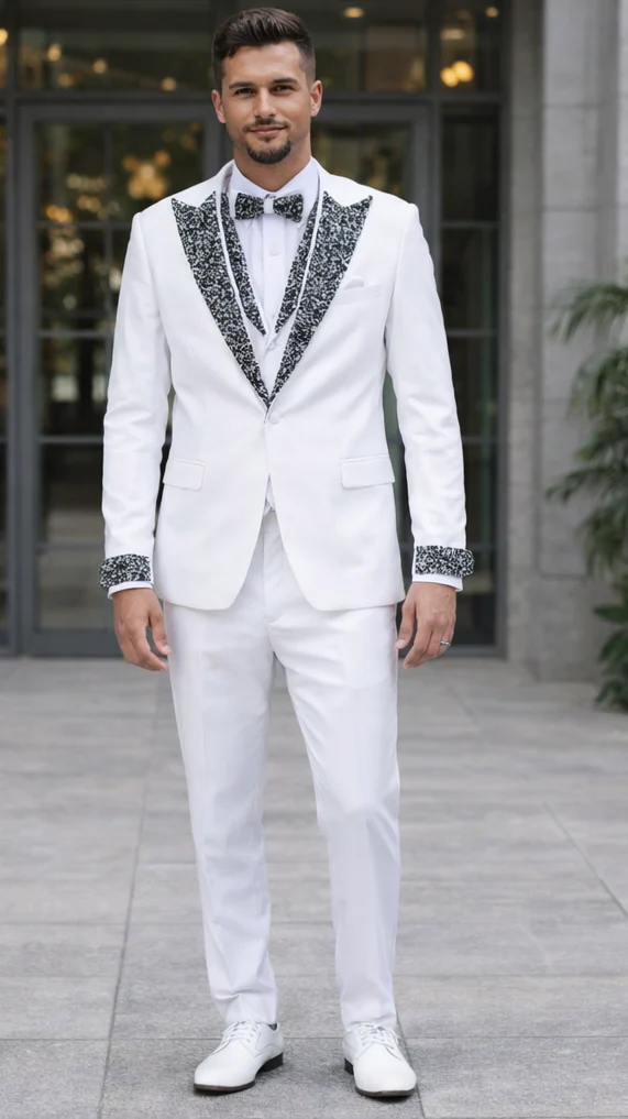 Men’s White Formal Tuxedo with Stones – Premium Peak Lapel 4-Piece - Image 7