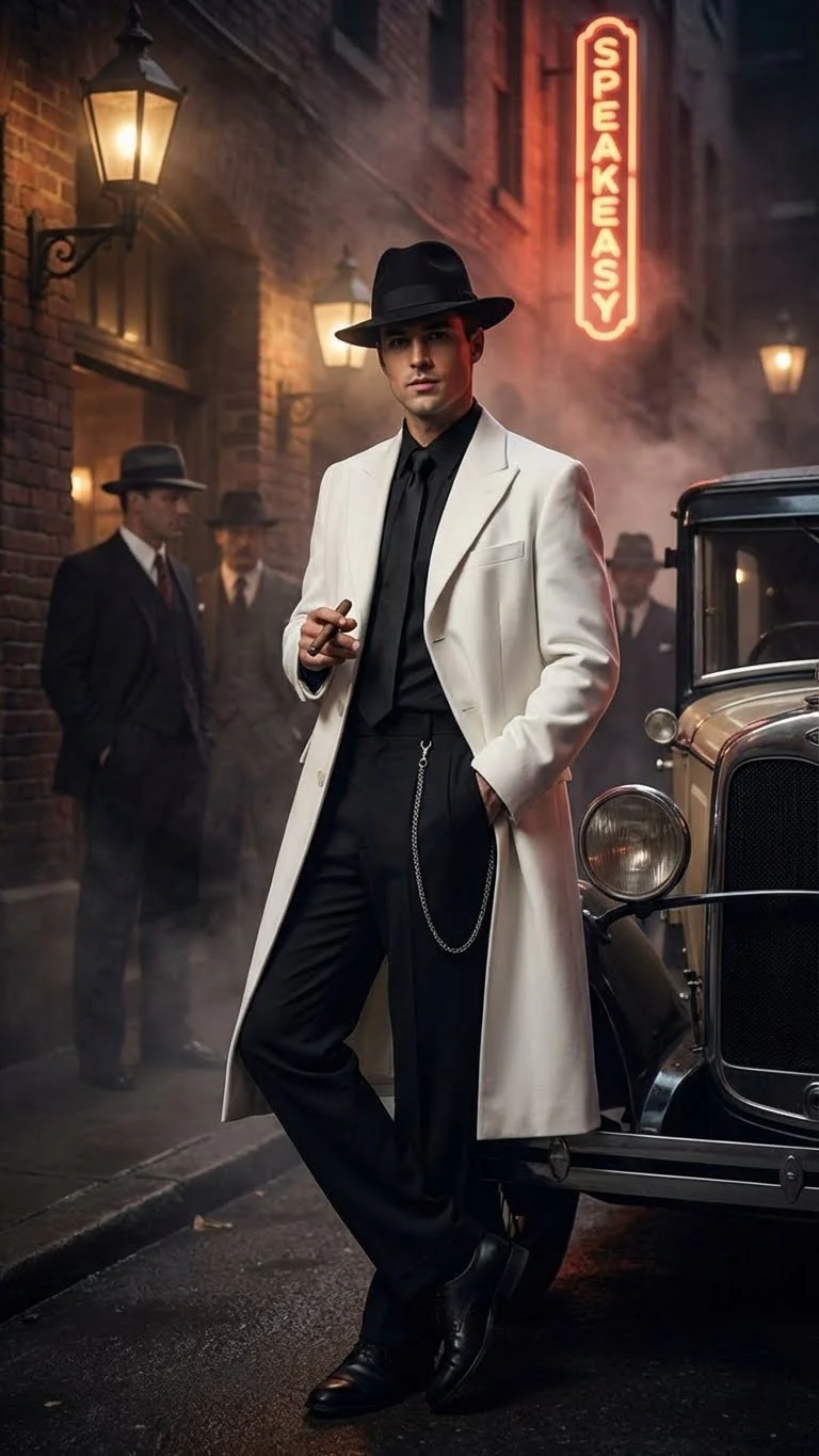 Men’s White Long Zoot Style Suit | Vintage Gangster Mafia Formal Coat with Black Pants - Image 10