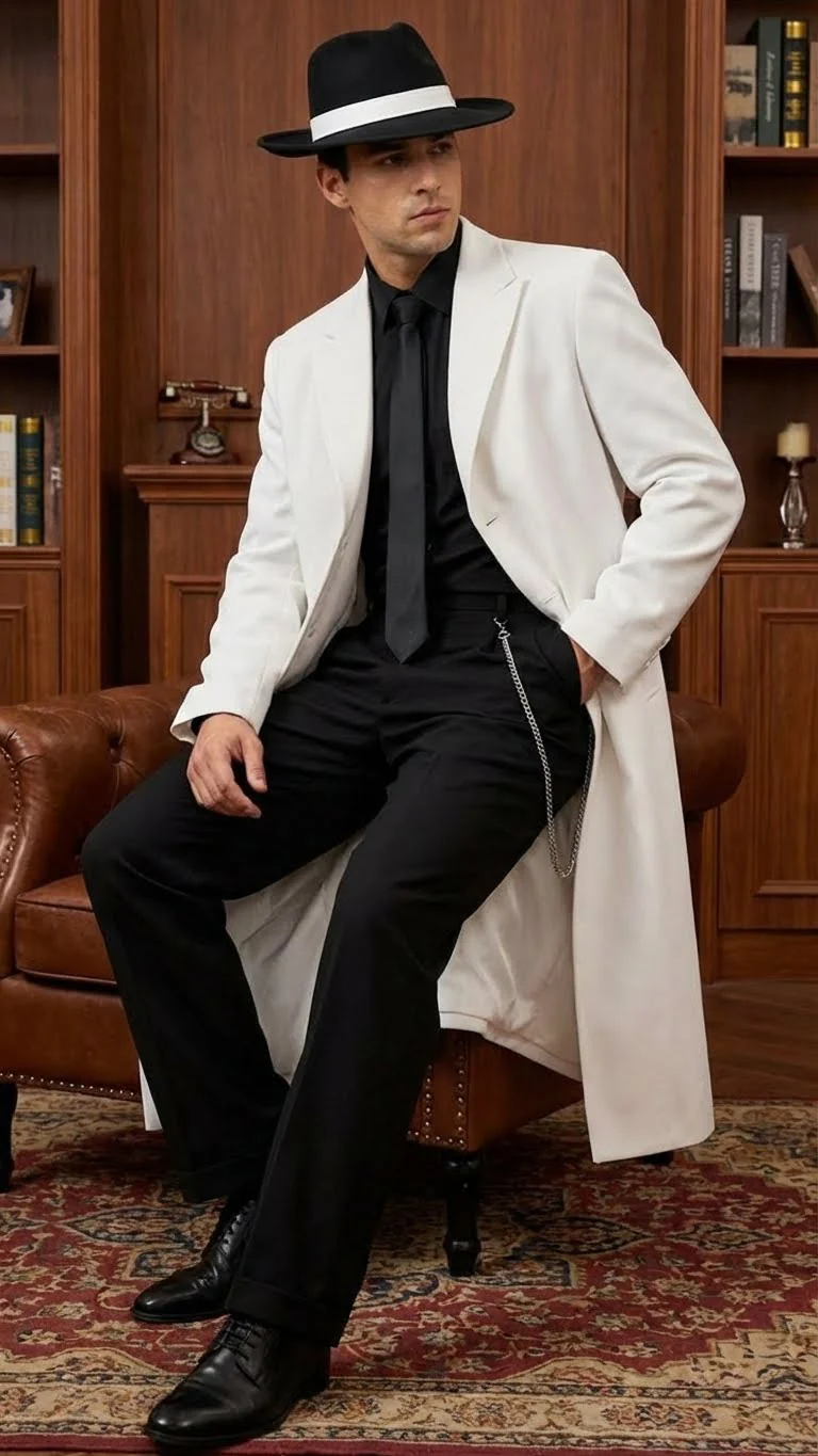 Men’s White Long Zoot Style Suit | Vintage Gangster Mafia Formal Coat with Black Pants - Image 11