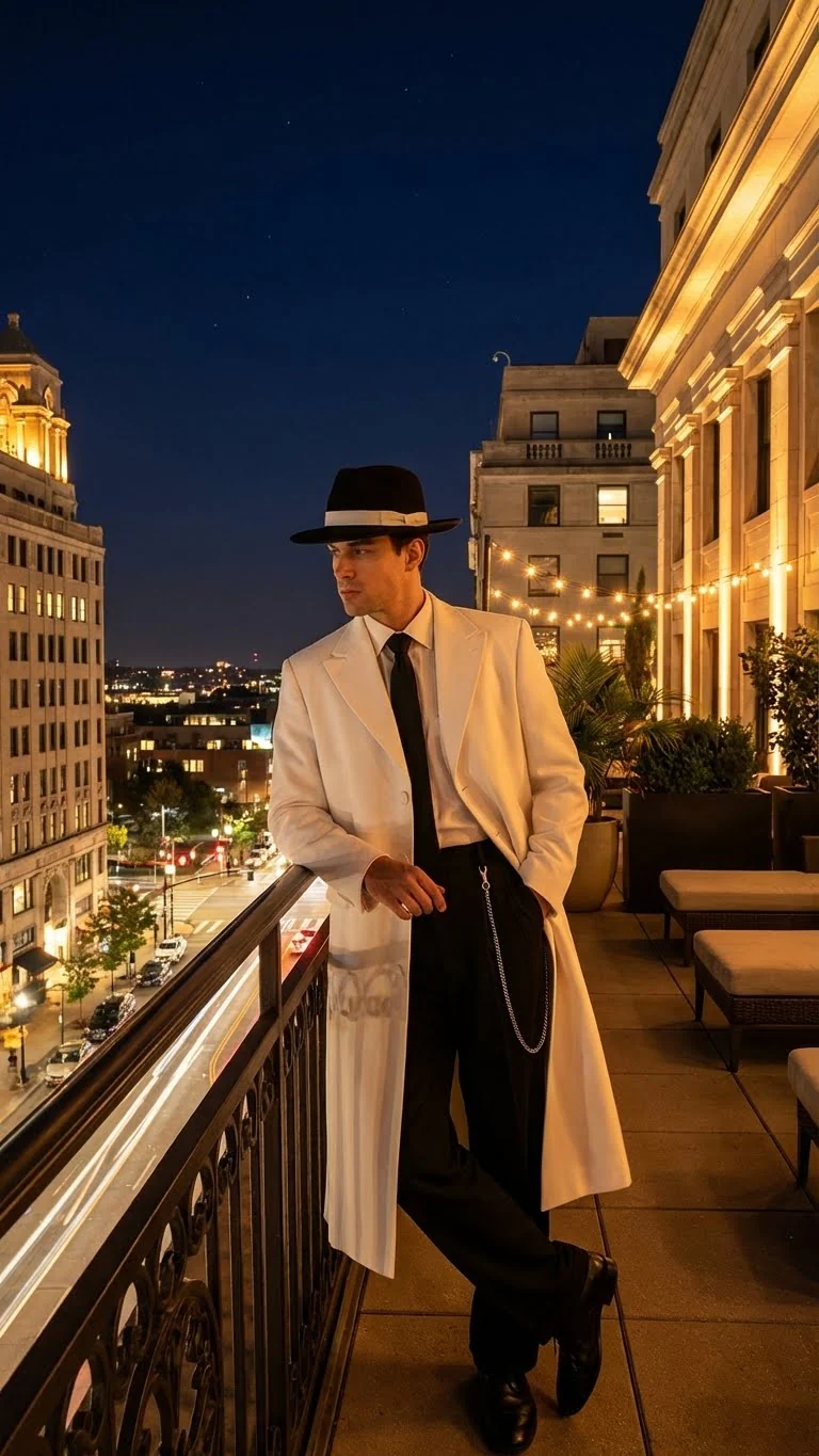 Men’s White Long Zoot Style Suit | Vintage Gangster Mafia Formal Coat with Black Pants - Image 12