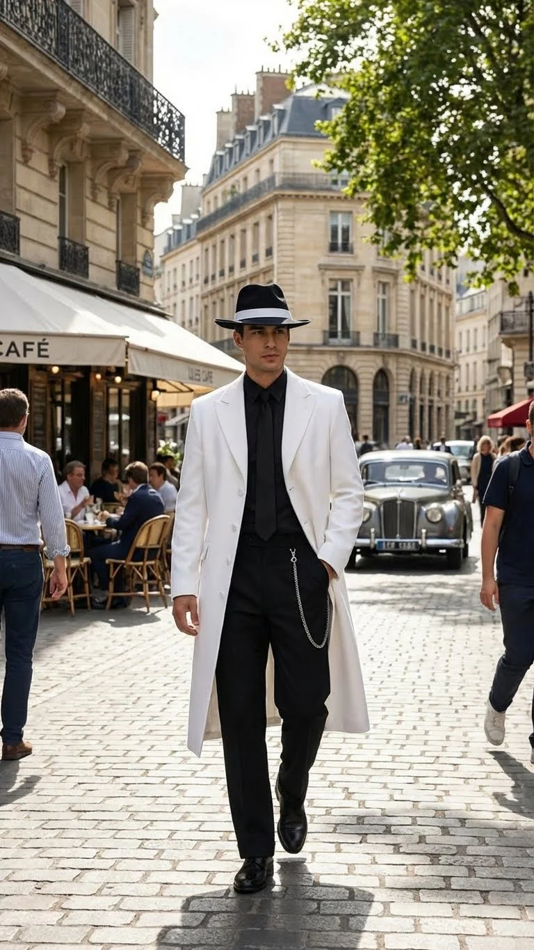 Men’s White Long Zoot Style Suit | Vintage Gangster Mafia Formal Coat with Black Pants - Image 13