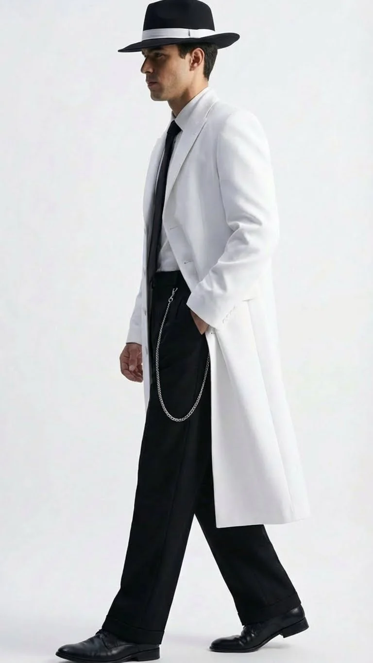 Men’s White Long Zoot Style Suit | Vintage Gangster Mafia Formal Coat with Black Pants - Image 3