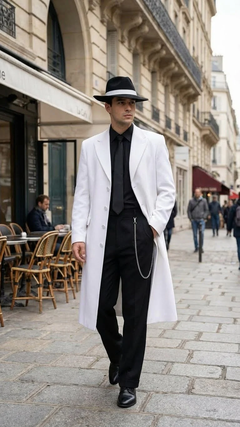 Men’s White Long Zoot Style Suit | Vintage Gangster Mafia Formal Coat with Black Pants - Image 5