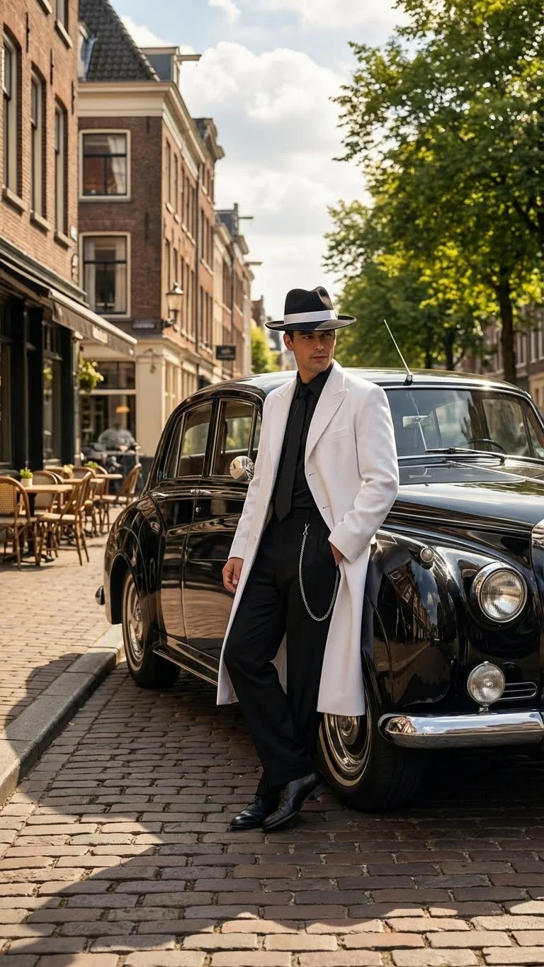 Men’s White Long Zoot Style Suit | Vintage Gangster Mafia Formal Coat with Black Pants - Image 7
