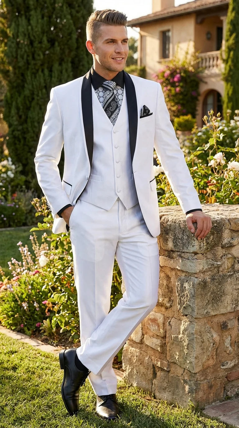 Men’s White Shiny Flashy Fabric Tuxedo Suit with Black Shawl Lapel | Luxury Formal Wedding and Evening Suit Sharkskin Metallic Fabric - Image 3