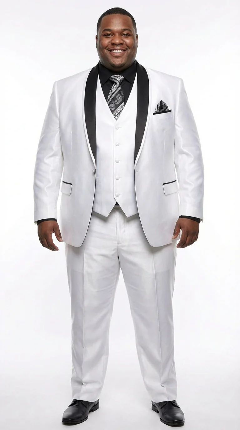 Men’s White Shiny Flashy Fabric Tuxedo Suit with Black Shawl Lapel | Luxury Formal Wedding and Evening Suit Sharkskin Metallic Fabric - Image 4