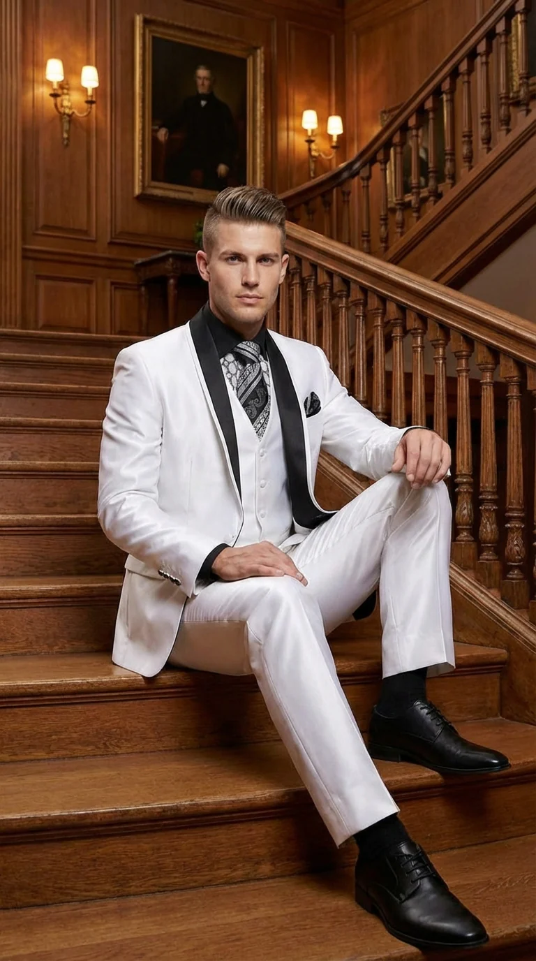 Men’s White Shiny Flashy Fabric Tuxedo Suit with Black Shawl Lapel | Luxury Formal Wedding and Evening Suit Sharkskin Metallic Fabric - Image 5