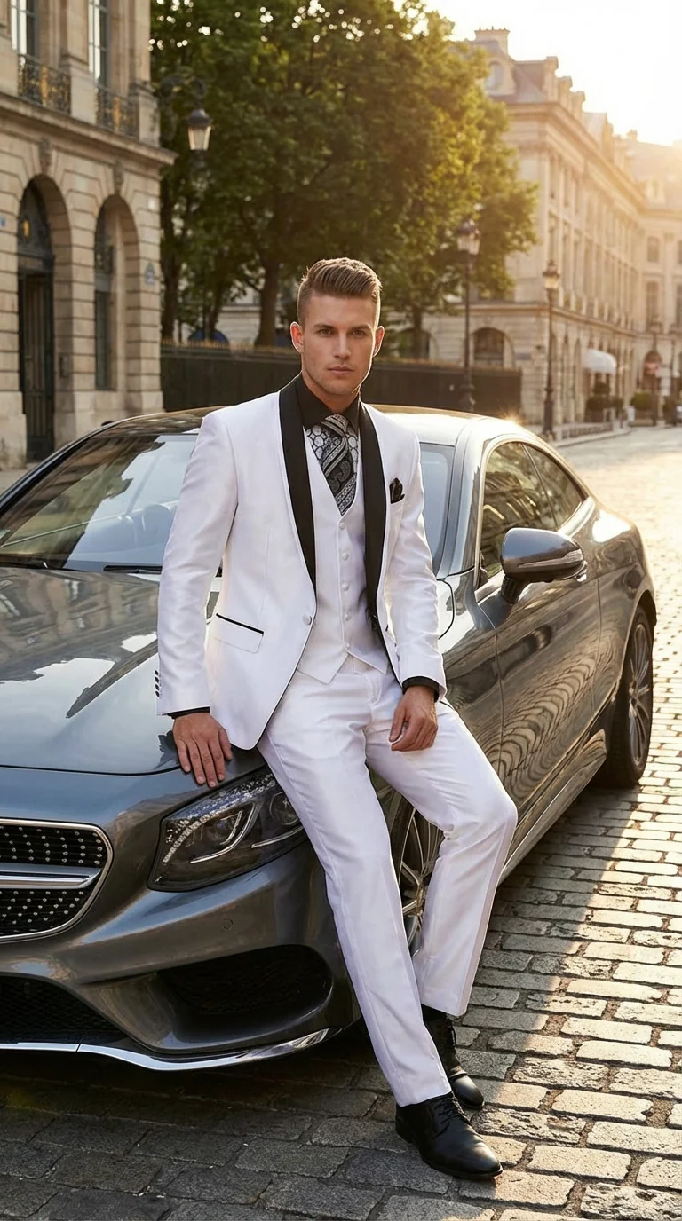 Men’s White Shiny Flashy Fabric Tuxedo Suit with Black Shawl Lapel | Luxury Formal Wedding and Evening Suit Sharkskin Metallic Fabric - Image 8