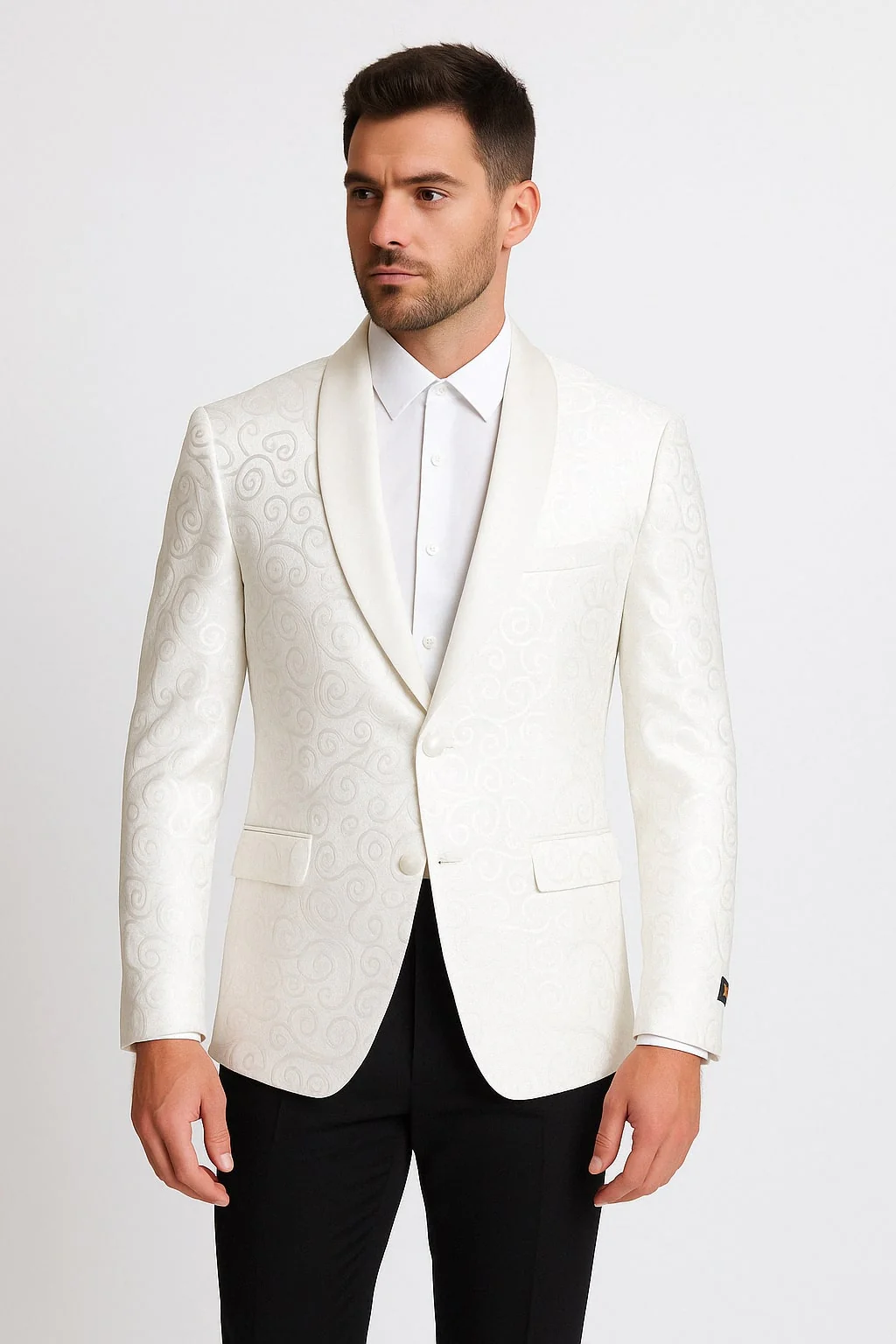 Men’s White Tuxedo Dinner Jacket Swirl Pattern Tuxedo Jacket with White Satin Shawl Lapel - Paisley Pattern - Image 2