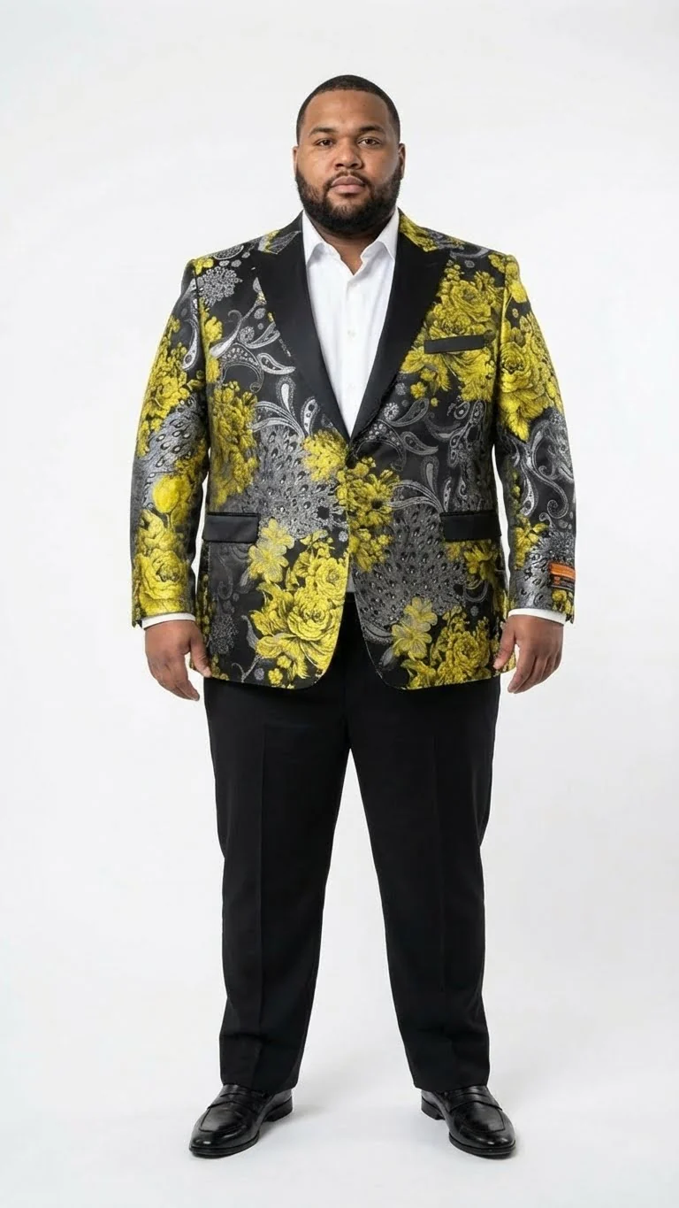 Men’s Yellow Tuxedo Black and Gold Floral Pattern Blazer | Formal Jacket - Prom Dinner Jacket + Black Pants + Bowtie - Image 10