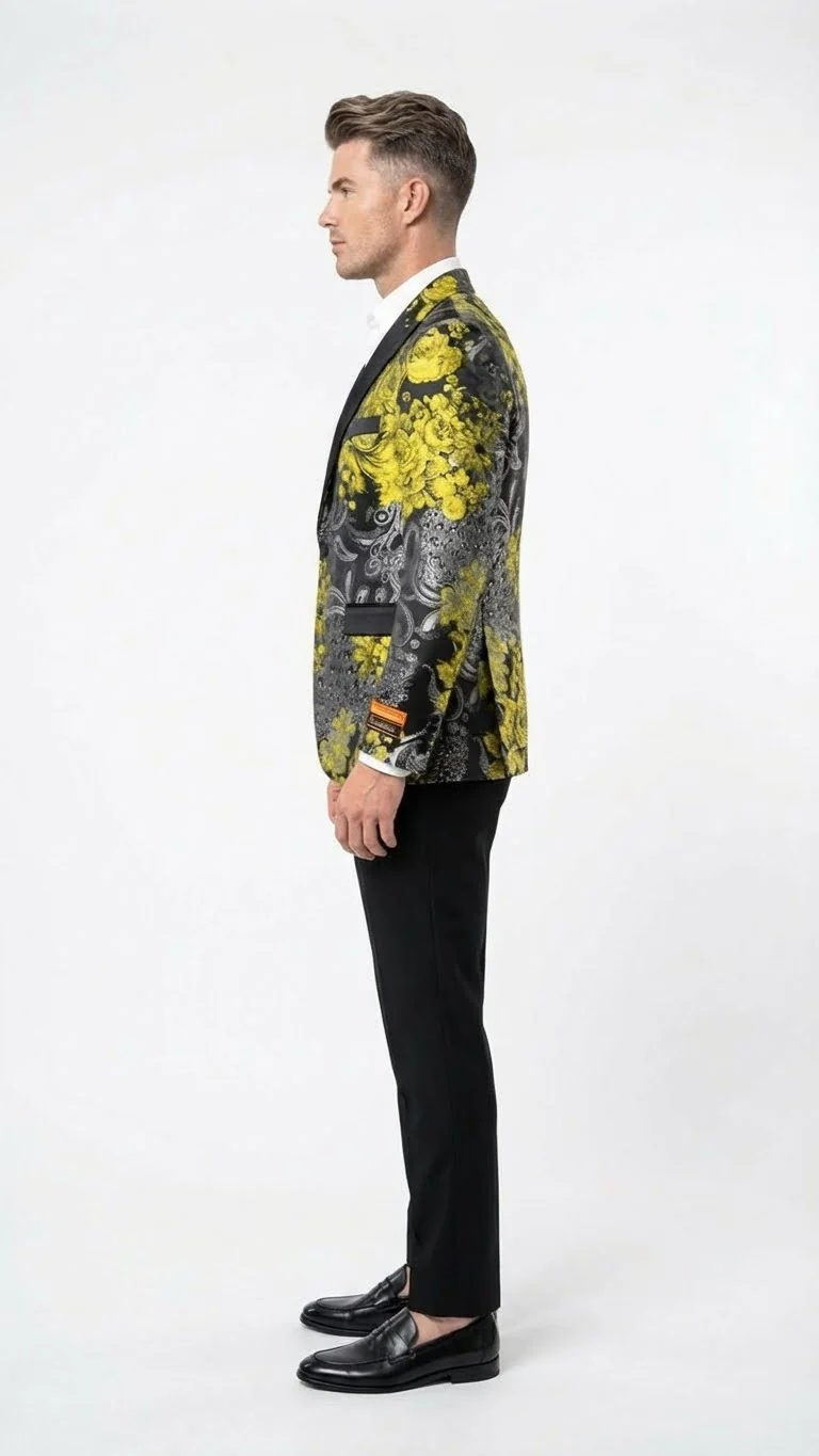 Men’s Yellow Tuxedo Black and Gold Floral Pattern Blazer | Formal Jacket - Prom Dinner Jacket + Black Pants + Bowtie - Image 3