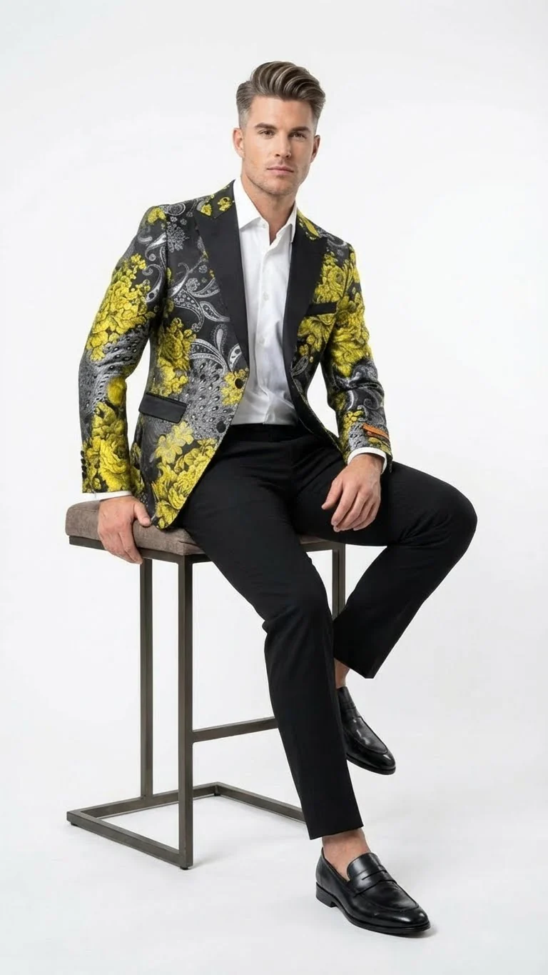 Men’s Yellow Tuxedo Black and Gold Floral Pattern Blazer | Formal Jacket - Prom Dinner Jacket + Black Pants + Bowtie - Image 4