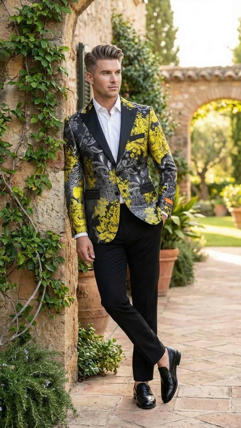 Men’s Yellow Tuxedo Black and Gold Floral Pattern Blazer | Formal Jacket - Prom Dinner Jacket + Black Pants + Bowtie - Image 5