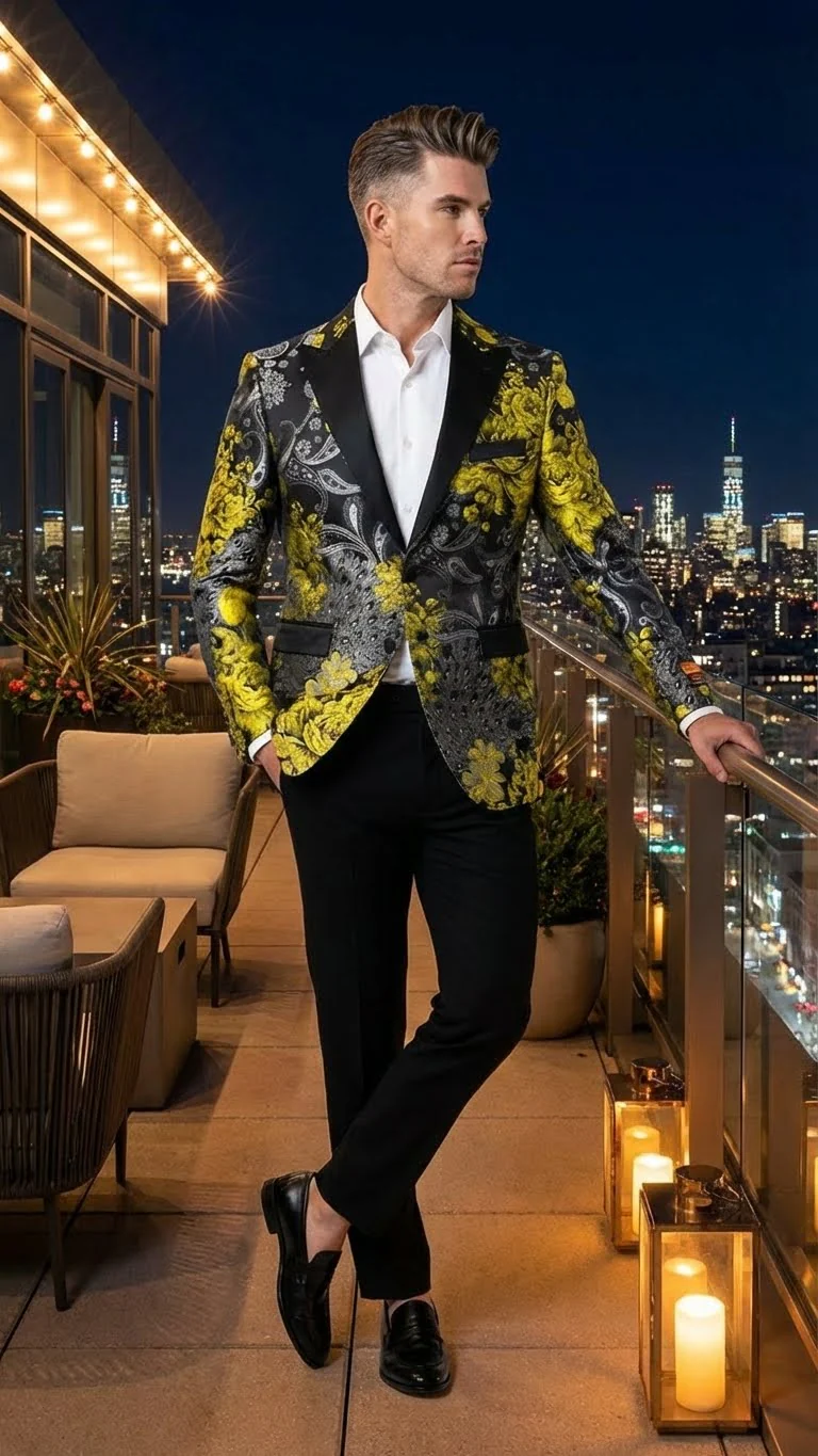 Men’s Yellow Tuxedo Black and Gold Floral Pattern Blazer | Formal Jacket - Prom Dinner Jacket + Black Pants + Bowtie - Image 6