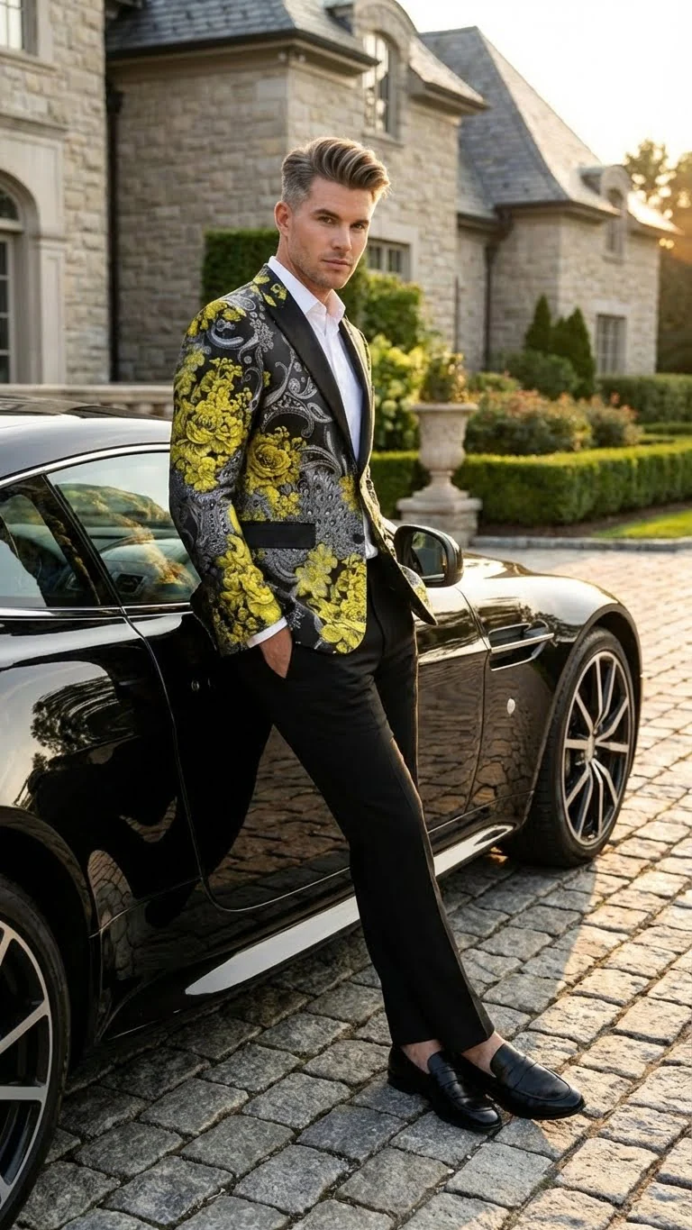 Men’s Yellow Tuxedo Black and Gold Floral Pattern Blazer | Formal Jacket - Prom Dinner Jacket + Black Pants + Bowtie - Image 7