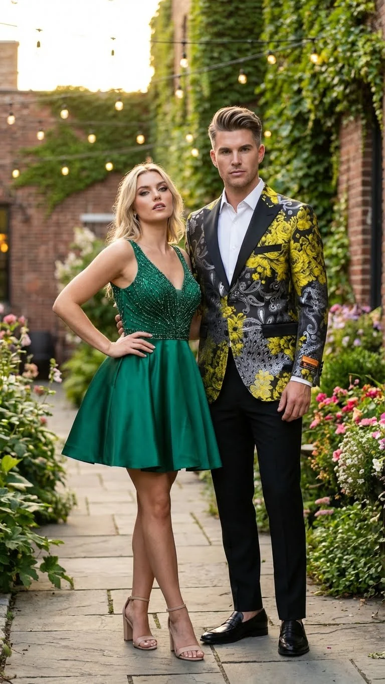 Men’s Yellow Tuxedo Black and Gold Floral Pattern Blazer | Formal Jacket - Prom Dinner Jacket + Black Pants + Bowtie - Image 8