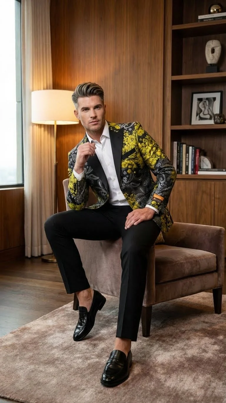 Men’s Yellow Tuxedo Black and Gold Floral Pattern Blazer | Formal Jacket - Prom Dinner Jacket + Black Pants + Bowtie - Image 9