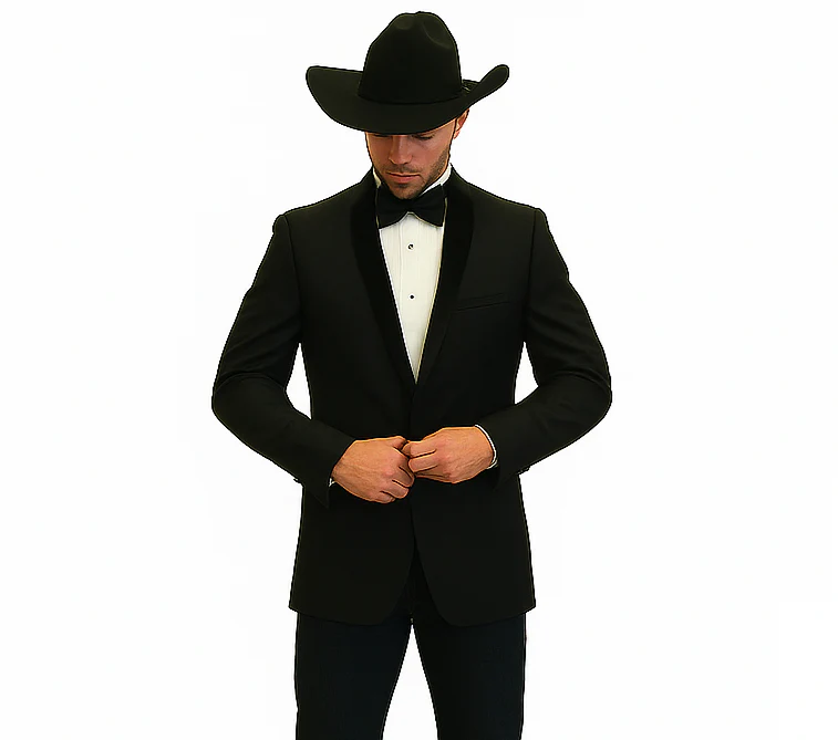 Men Two Toned Full Lapel Shawl Black Tuxedos wool Fabric Suits - Image 9