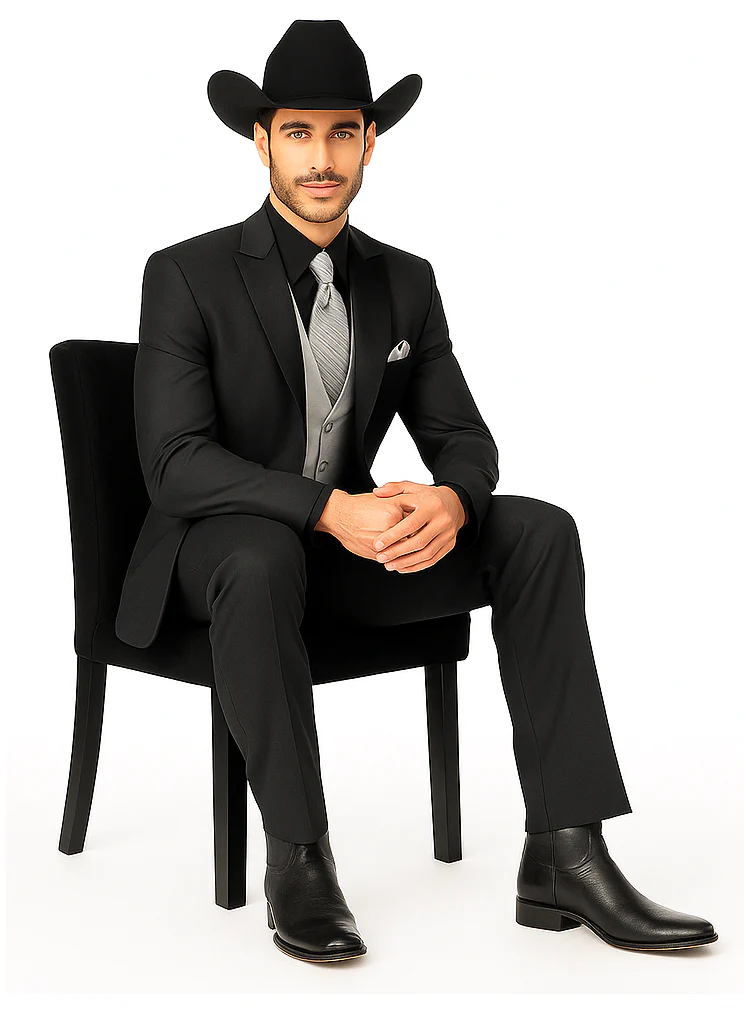 Mens 1 Button Peak Lapel in Grey Cowboy Suit - Country Wedding Suits - Image 4