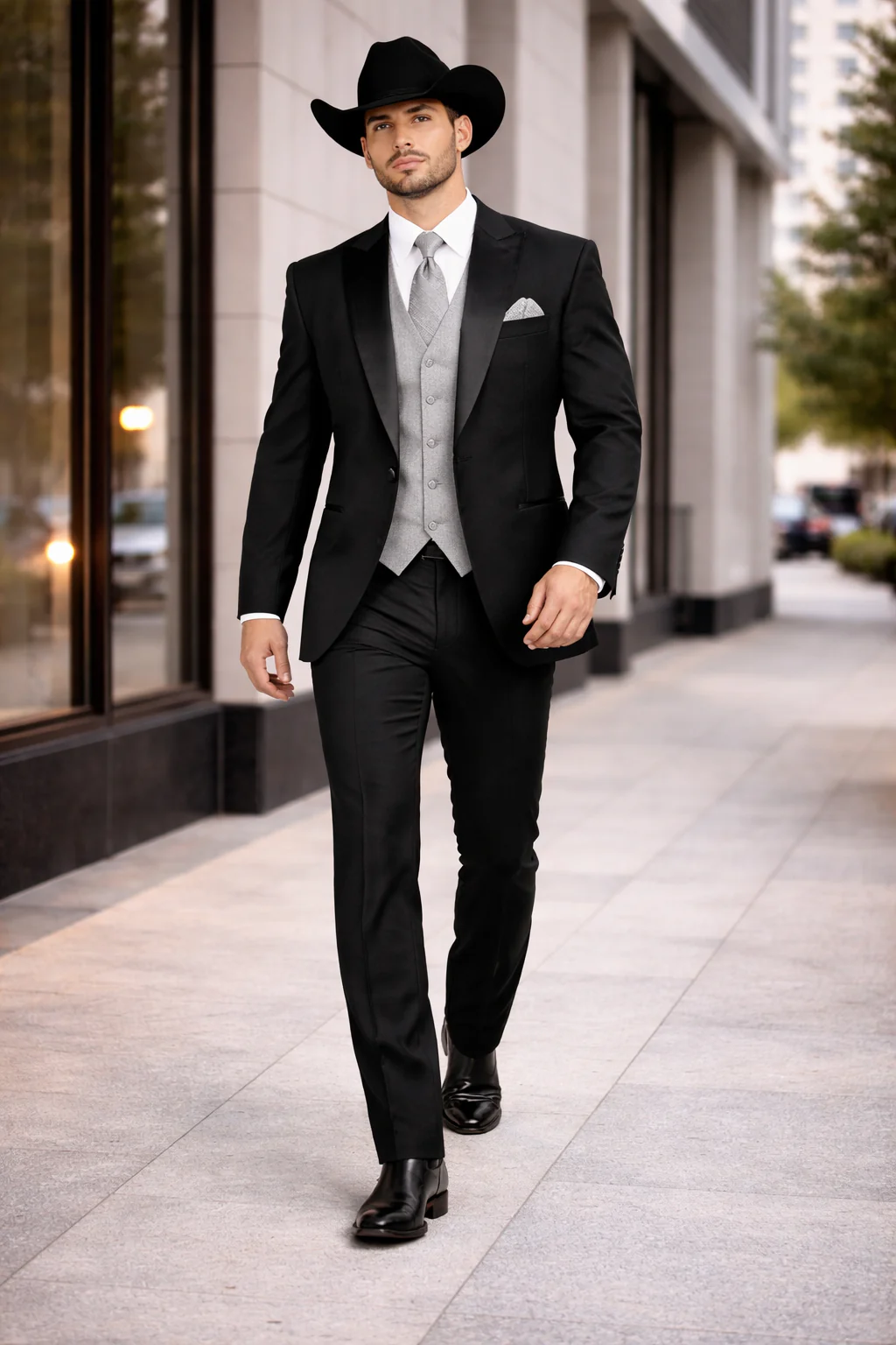 Mens 1 Button Peak Lapel in Grey Cowboy Suit - Country Wedding Suits - Image 8