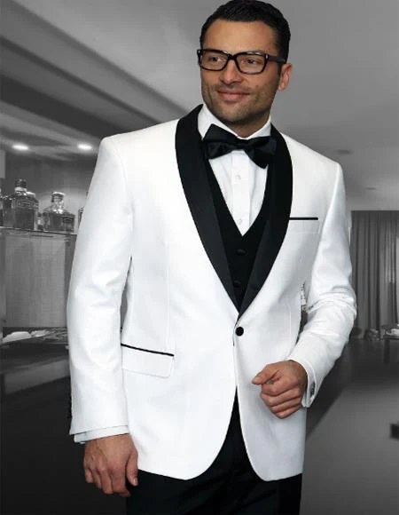 Men's 1 Button Shawl Collar Two Toned Tuxedo Dinner Jacket Blazer White