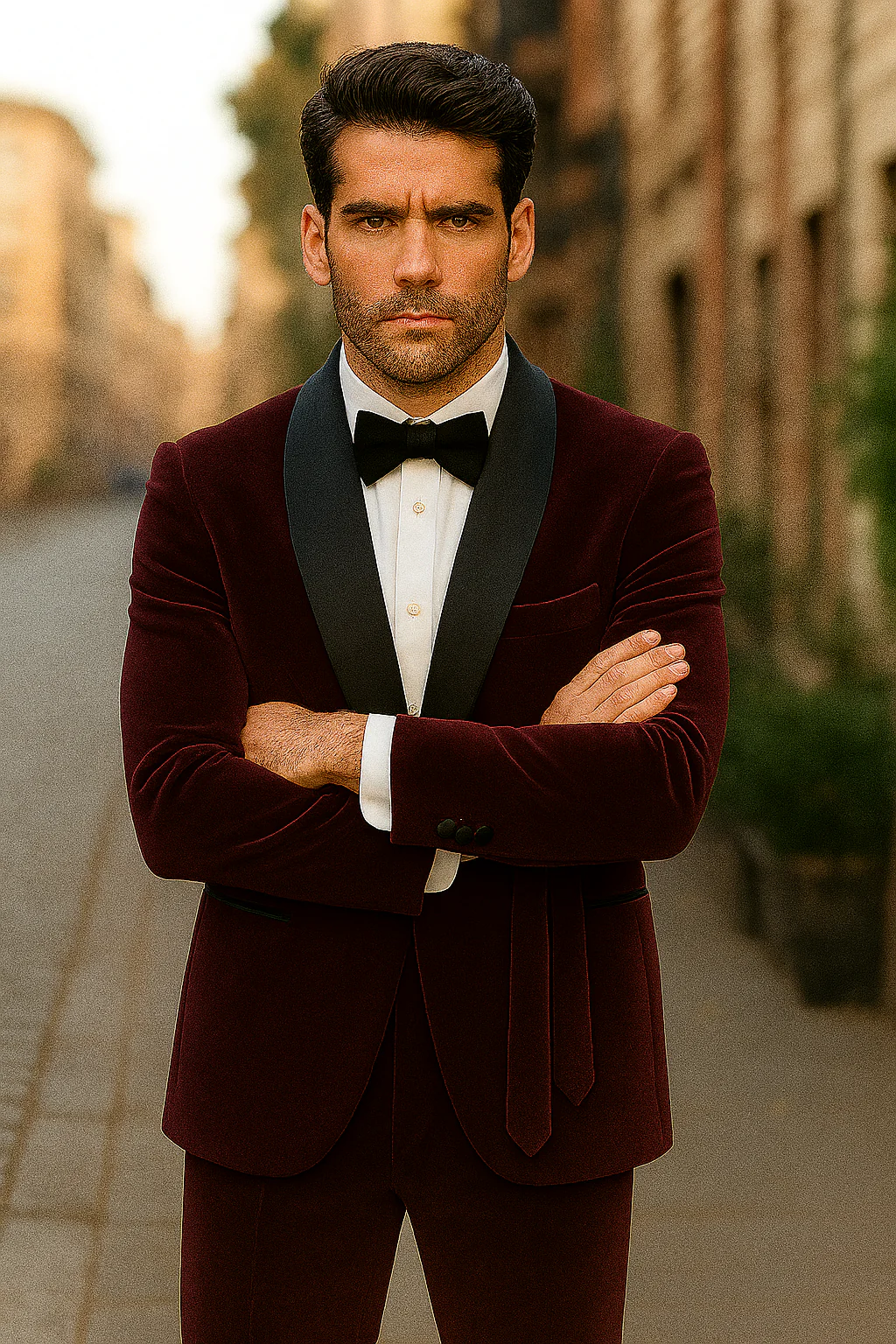 Mens 1 Button Shawl Lapel Velvet Tuxedo in burgundy - Image 2