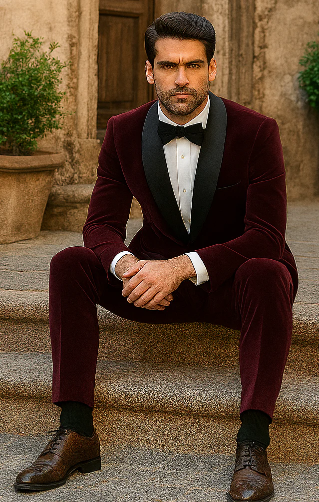 Mens 1 Button Shawl Lapel Velvet Tuxedo in burgundy - Image 4